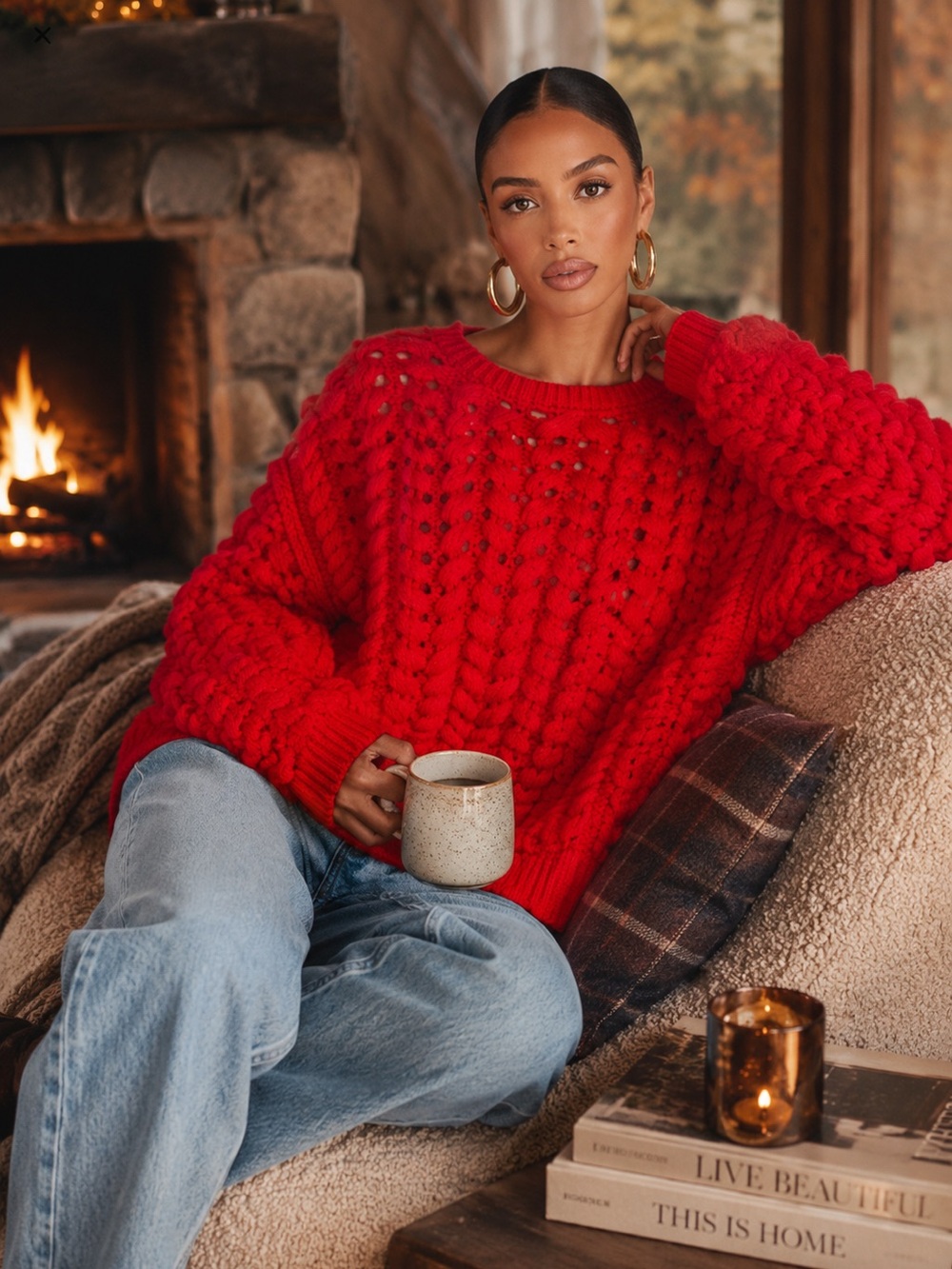 Chunky Open-Knit Crewneck Sweater - Red